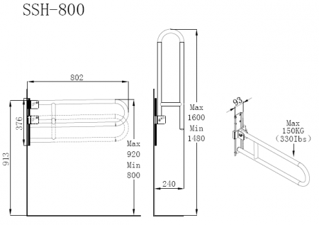 fold-up stainless steel toilet handrail adjustable height